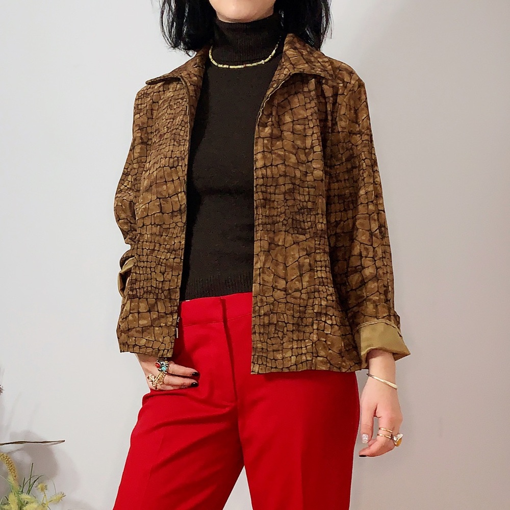 Vintage Faux Suede Snake Print Zip Up Jacket (Med)